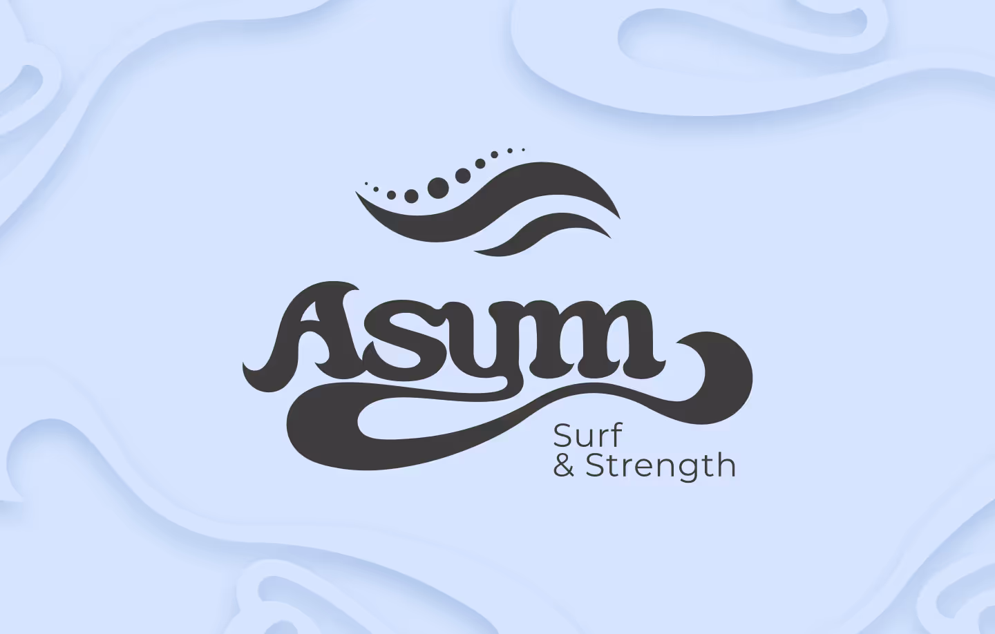 Black logo for Asym Surf and Strength in front of a light blue background with swoopy lines that are the same color as the background. The lines are hovering over the background.