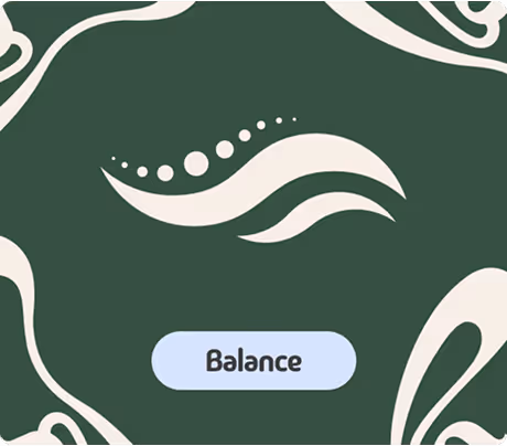 White logomark for Asym Surf and Strength in front of a green background with swoopy white lines. A blue oval at the bottom has the word "balance" written in it.