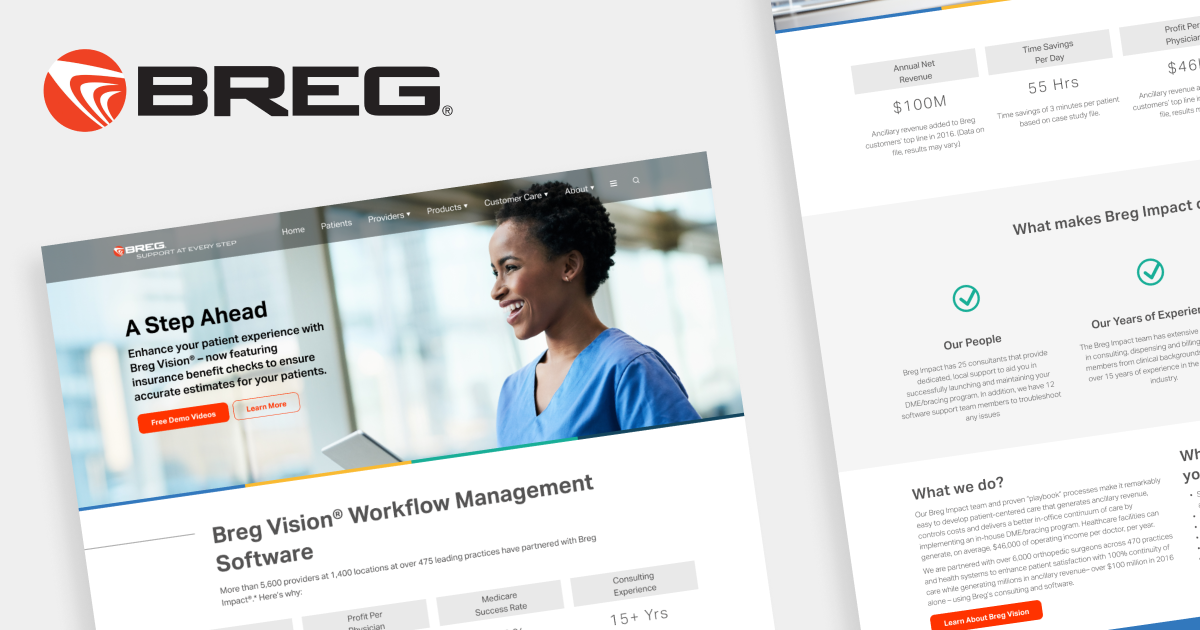 Two screens for Breg's website hovering over a white background.