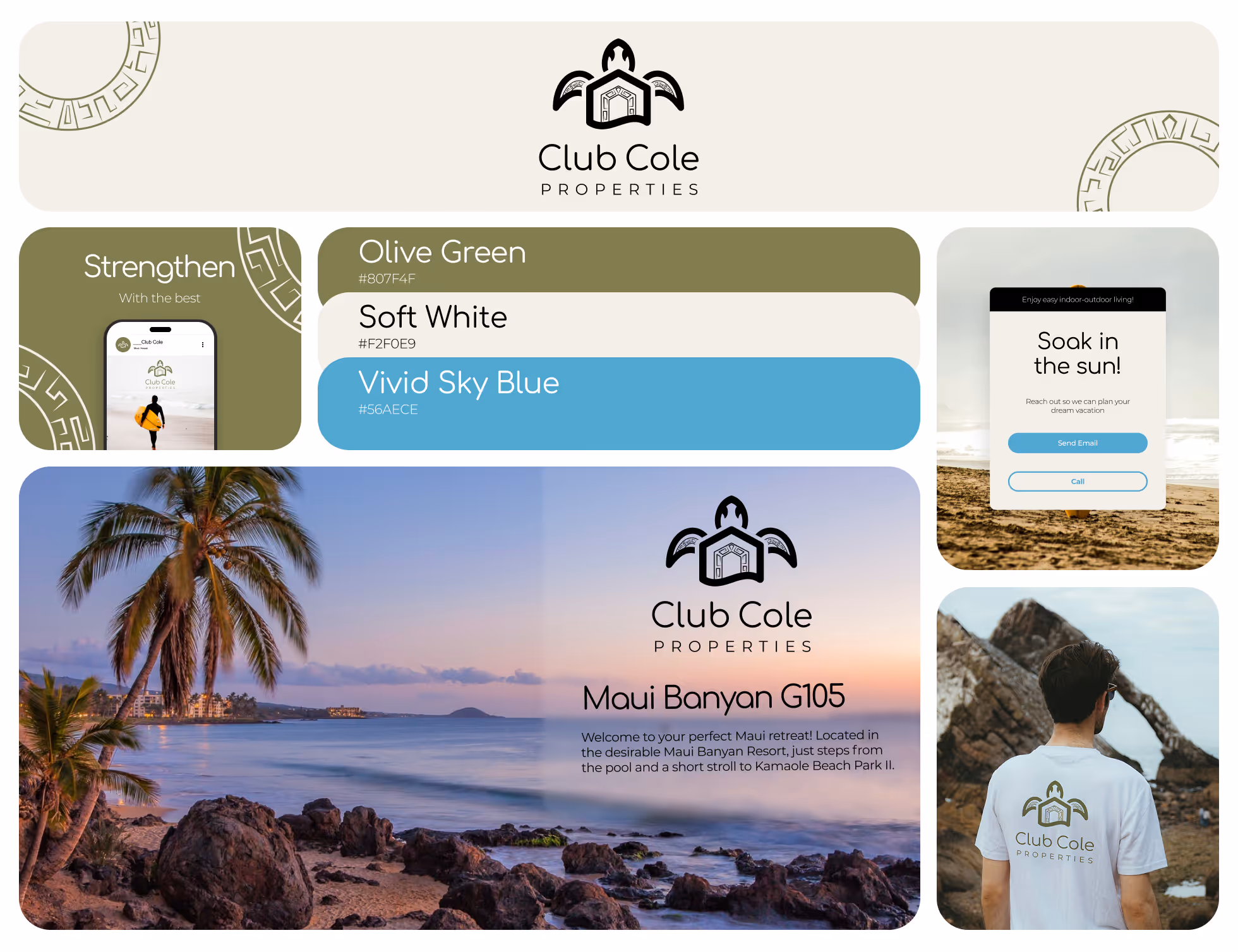 A branding moodboard showcasing a mix of photography and graphic elements. Also displayed is the logo color palette and typoghraphy for the business.