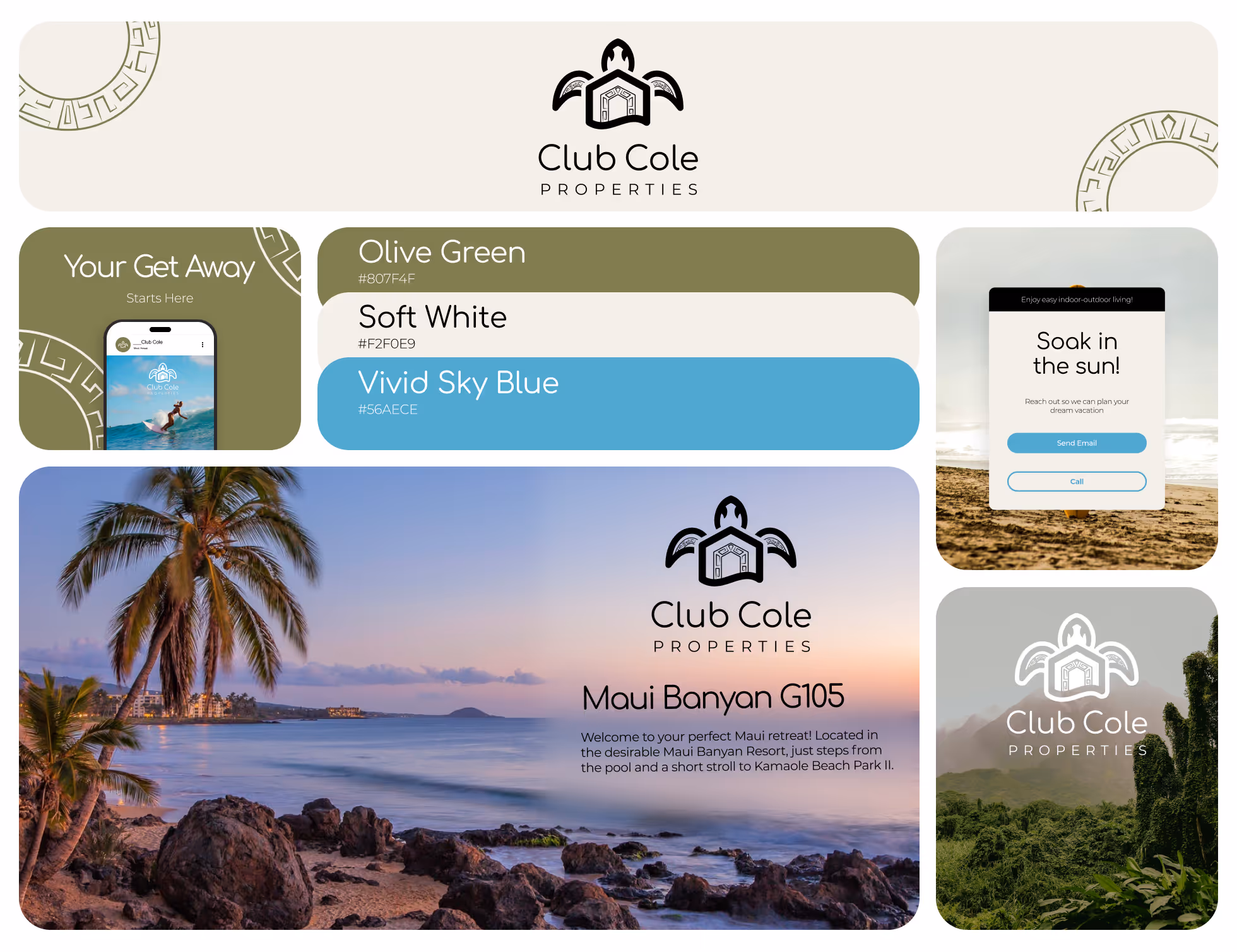 A branding moodboard showcasing a mix of photography and graphic elements. Also displayed is the logo color palette and typoghraphy for the business.