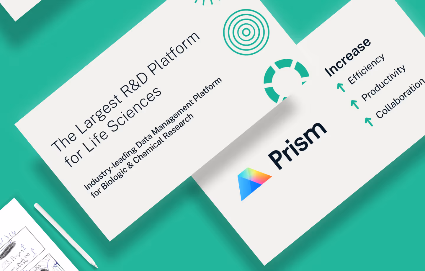 White cards, with stills from an animation and a hand-sketch of the storyboard for the animation, diagonally hovering over a green background.