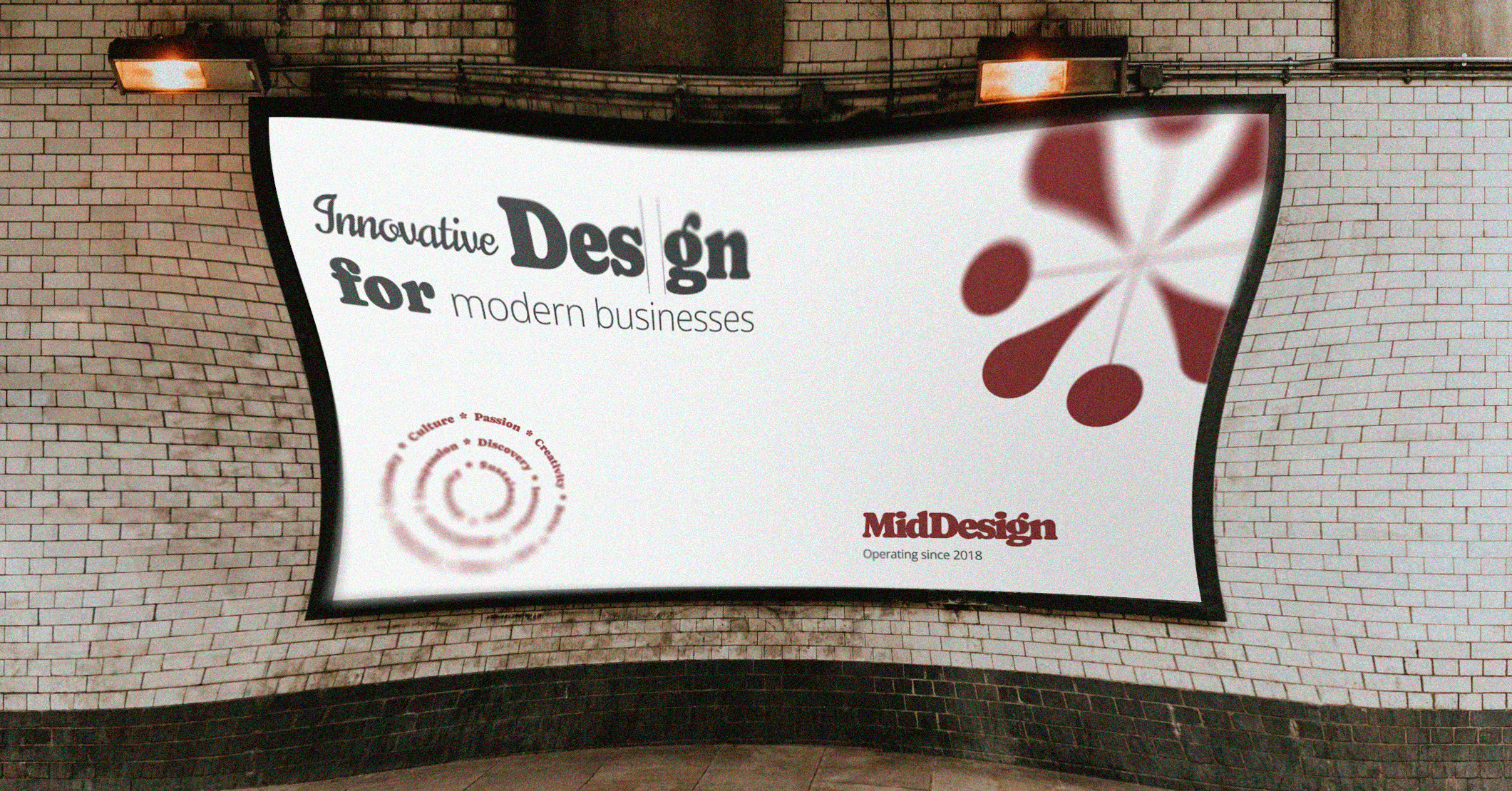 Black & white image of a billboard against a brick wall. The billboard has been stylistically warped to twist and bulge. The billboard has come graphic elements and has the words "Innovative design for modern businesses".
