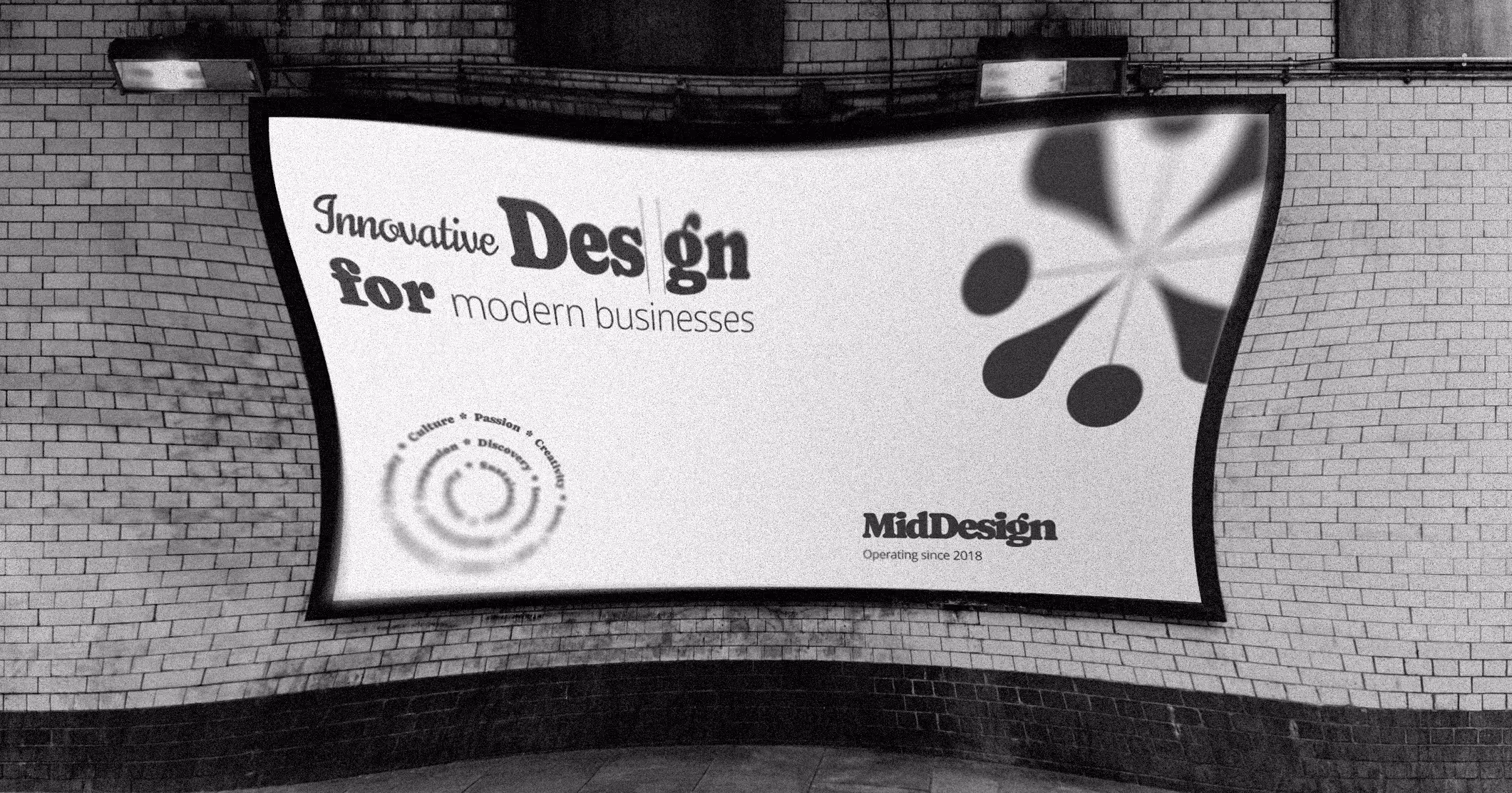 Black & white image of a billboard against a brick wall. The billboard has been stylistically warped  to twist and bulge. The billboard has come graphic elements and has the words "Innovative design for modern businesses".