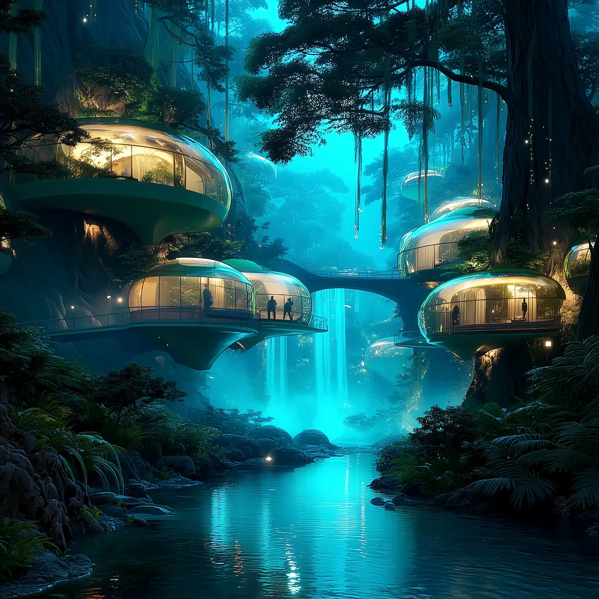 Curved glass pods built into a forested cliffside glowing with blue and green bioluminescence beside a river and waterfall.