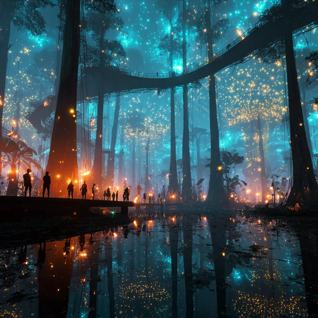 Guests walking along a forest bridge beneath bioluminescent trees glowing in warm amber and blue light.