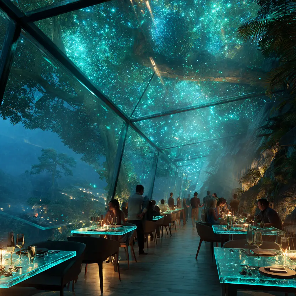 Restaurant terrace under bioluminescent trees, with diners seated along glowing tables overlooking the forest canopy.