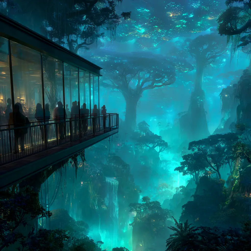 Elevated walkway extending from a restaurant perched above a glowing canyon filled with luminous mist.