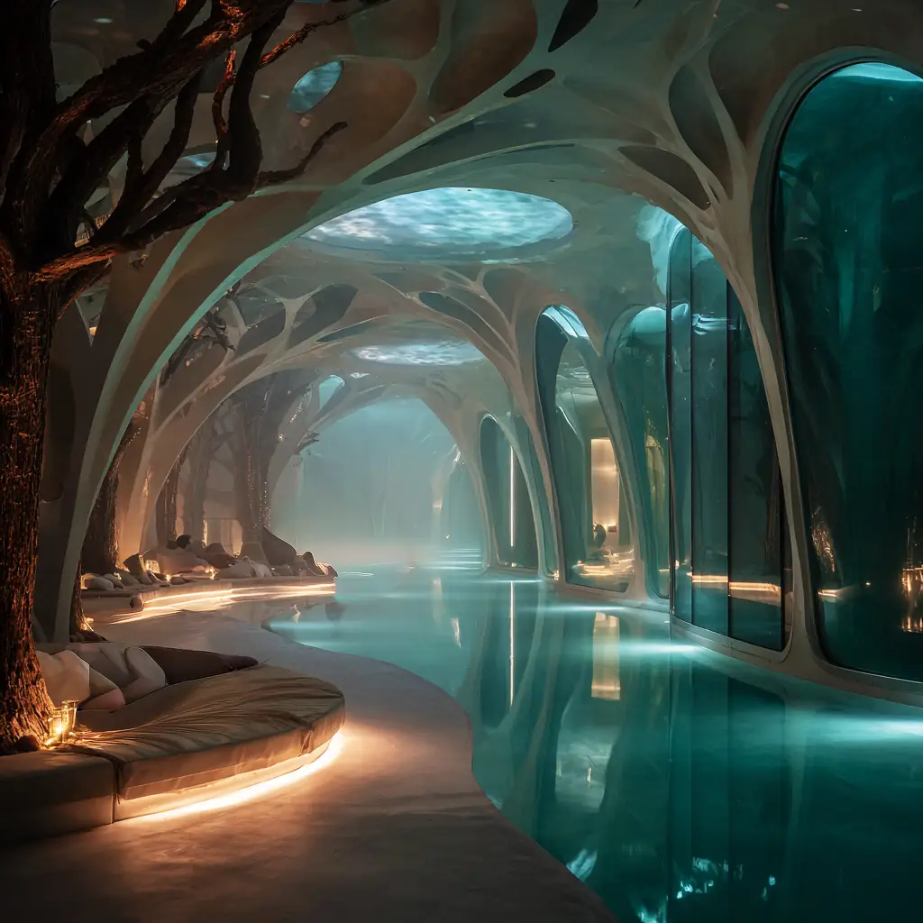Indoor spa with curved organic architecture, reflecting pools, and gentle teal lighting that mimics forest light.
