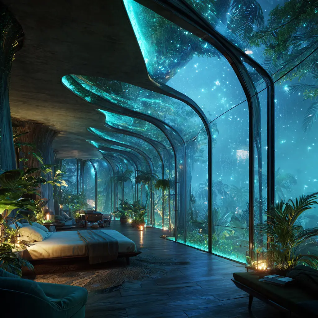 Suite interior with glass walls overlooking a glowing rainforest canopy illuminated by blue starlike spores.
