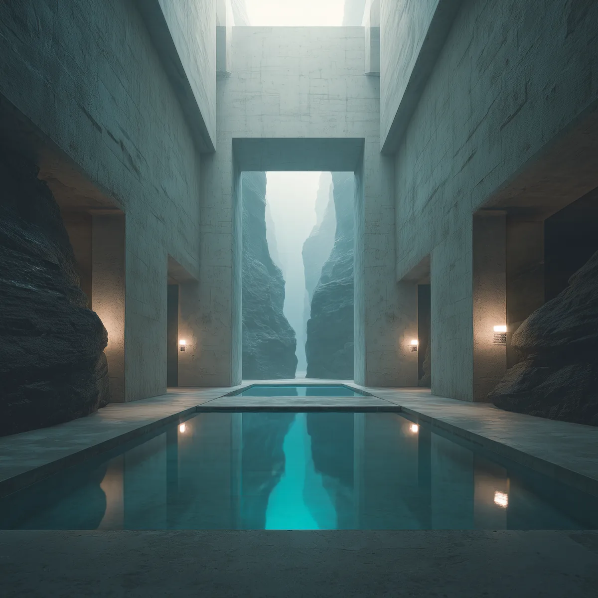 Central reflecting pool framed by tall stone walls and a view of a distant canyon glowing with pale blue light.
