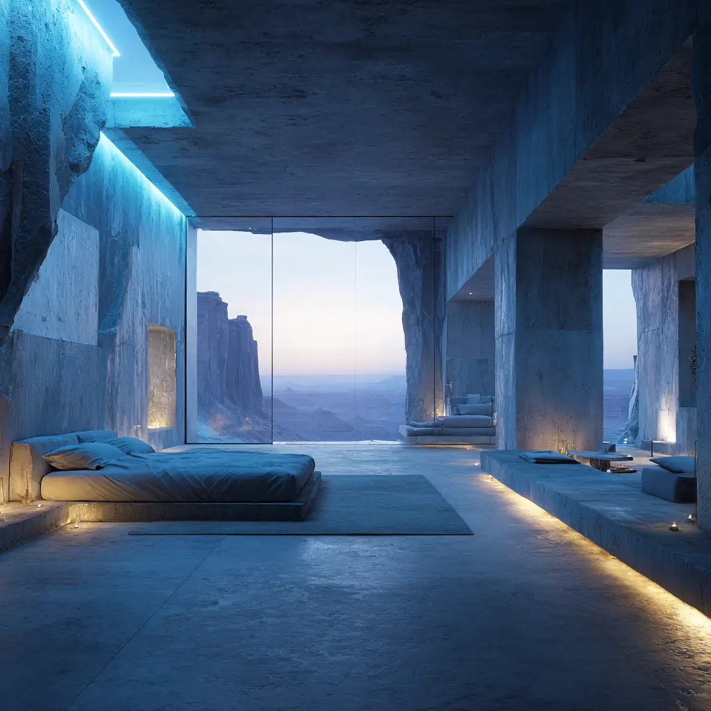 Guest suite carved into stone with minimal furniture, soft blue lighting, and a panoramic view of rocky cliffs.