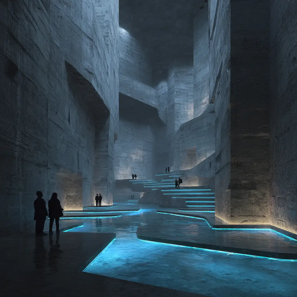 Tiered interior cavern with glowing blue pathways and pools surrounded by towering stone walls.