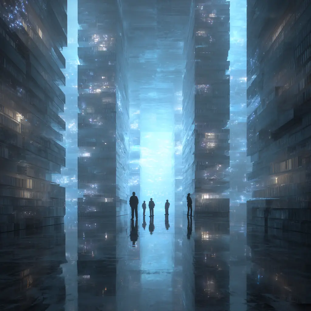 Visitors standing between massive illuminated data towers made of glass and metal that stretch upward through mist.