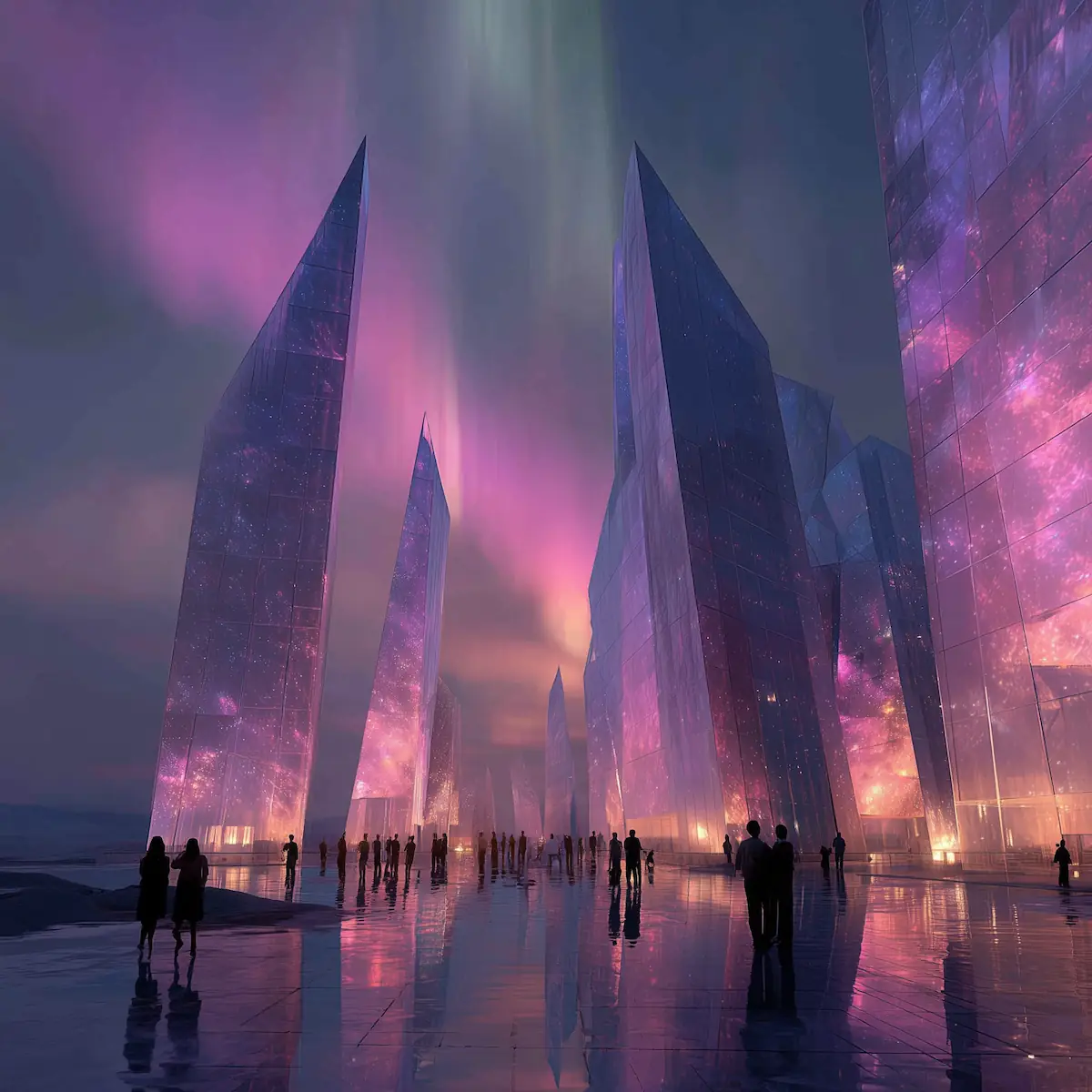 Crowds walking between sharp glass towers at dusk as pink and purple light reflects off wet stone surfaces.