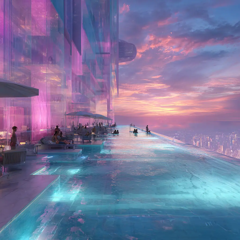 Infinity pool extending from a glass high-rise at sunset, glowing with cyan and pink light as guests relax along the edge.