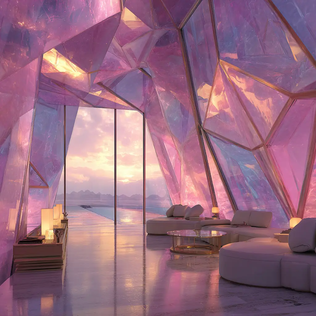 Private suite enclosed by angular glass panels tinted pink and gold, opening to a glowing horizon.