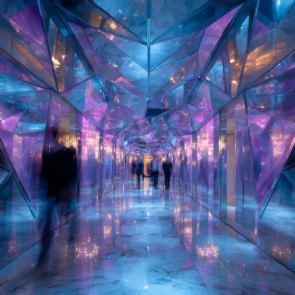 Hallway of mirrored angular panels and glowing purple-blue light, creating a prismatic tunnel effect.