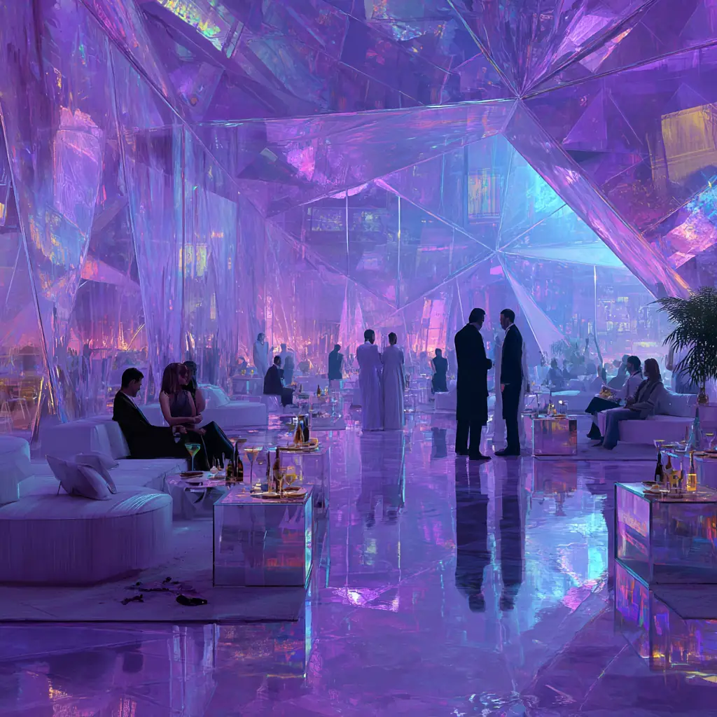 Interior lounge filled with guests and refracted light from faceted walls in violet, pink, and blue hues.