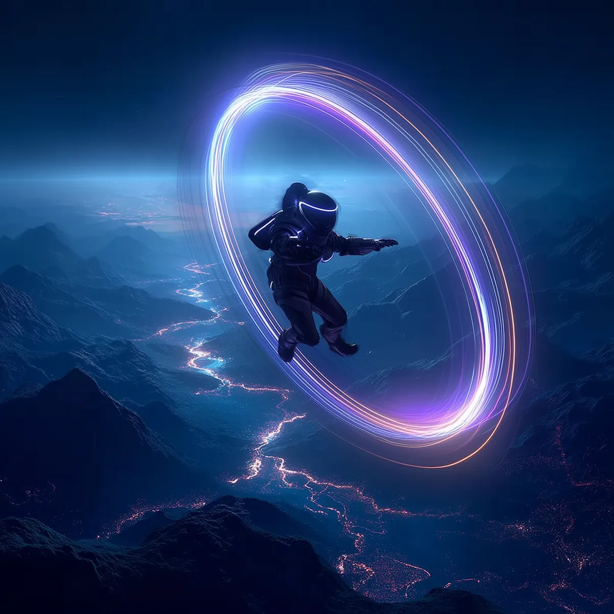 A person in a flight suit glides through a glowing circular portal high above the clouds at night.