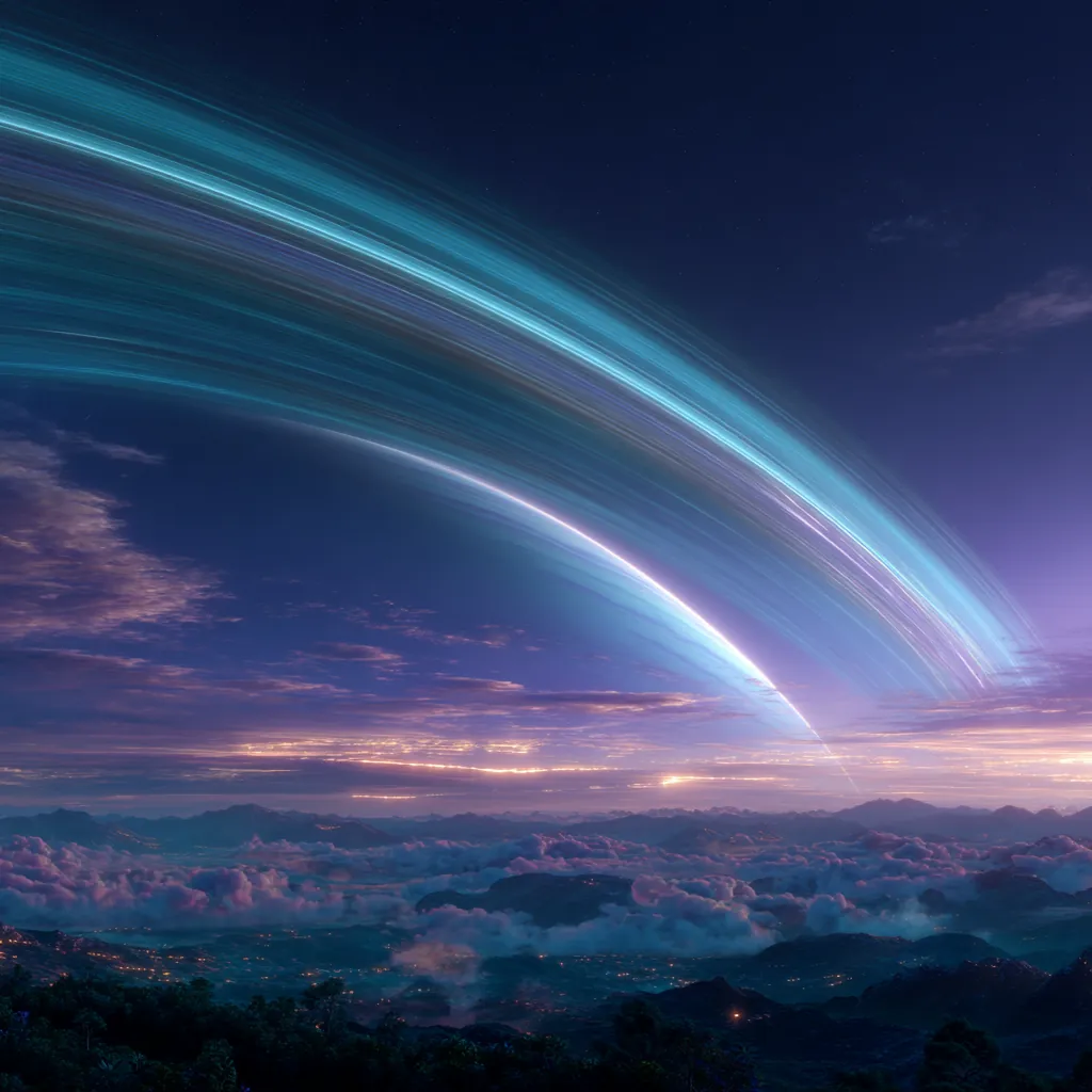 A panoramic view of a futuristic landscape with glowing rings arcing across the sky.