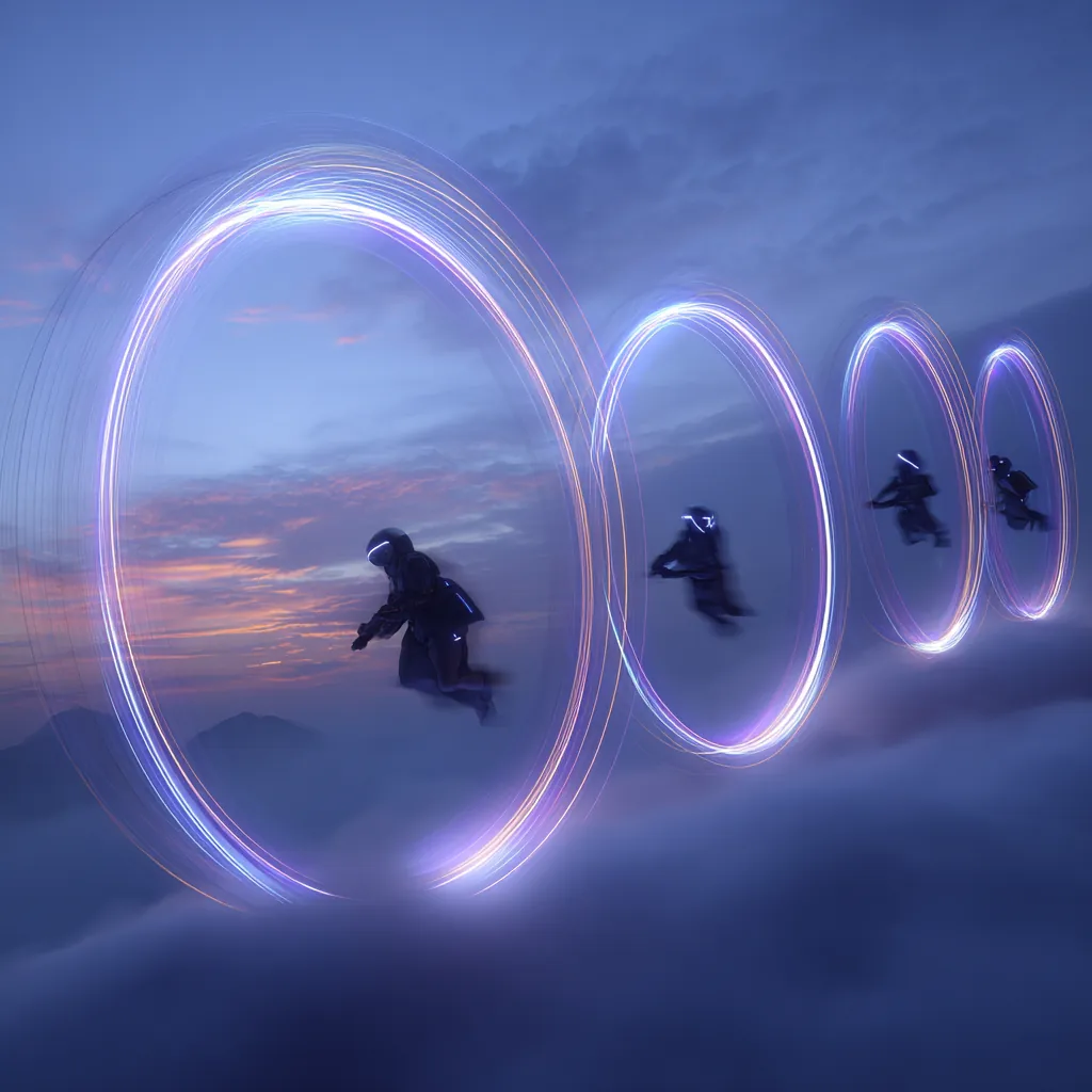 Four figures in flight suits pass through illuminated rings suspended in the clouds at sunset.
