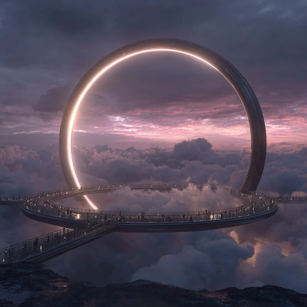 A massive glowing ring structure above a city built on clouds beneath a pink and purple sky.