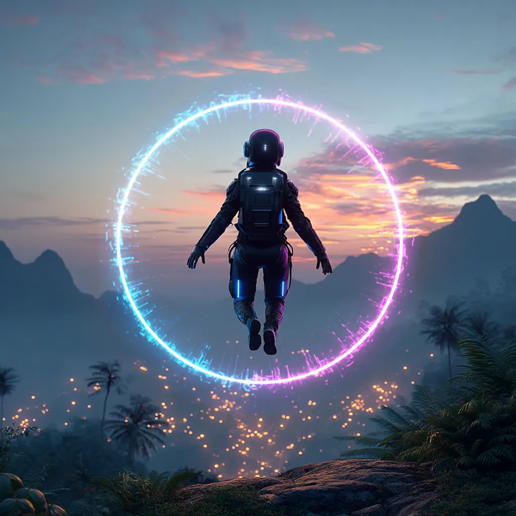 A single person suspended midair surrounded by bioluminescent light patterns in a twilight sky.