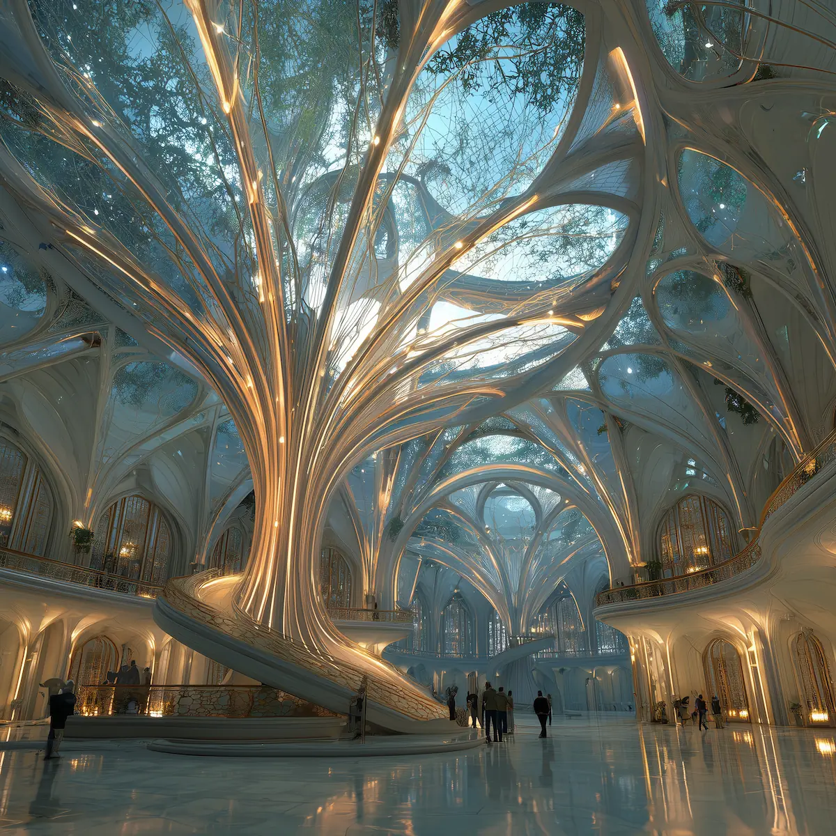 A vast indoor hall with a glowing tree made of gold and glass branches reaching toward a skylight.