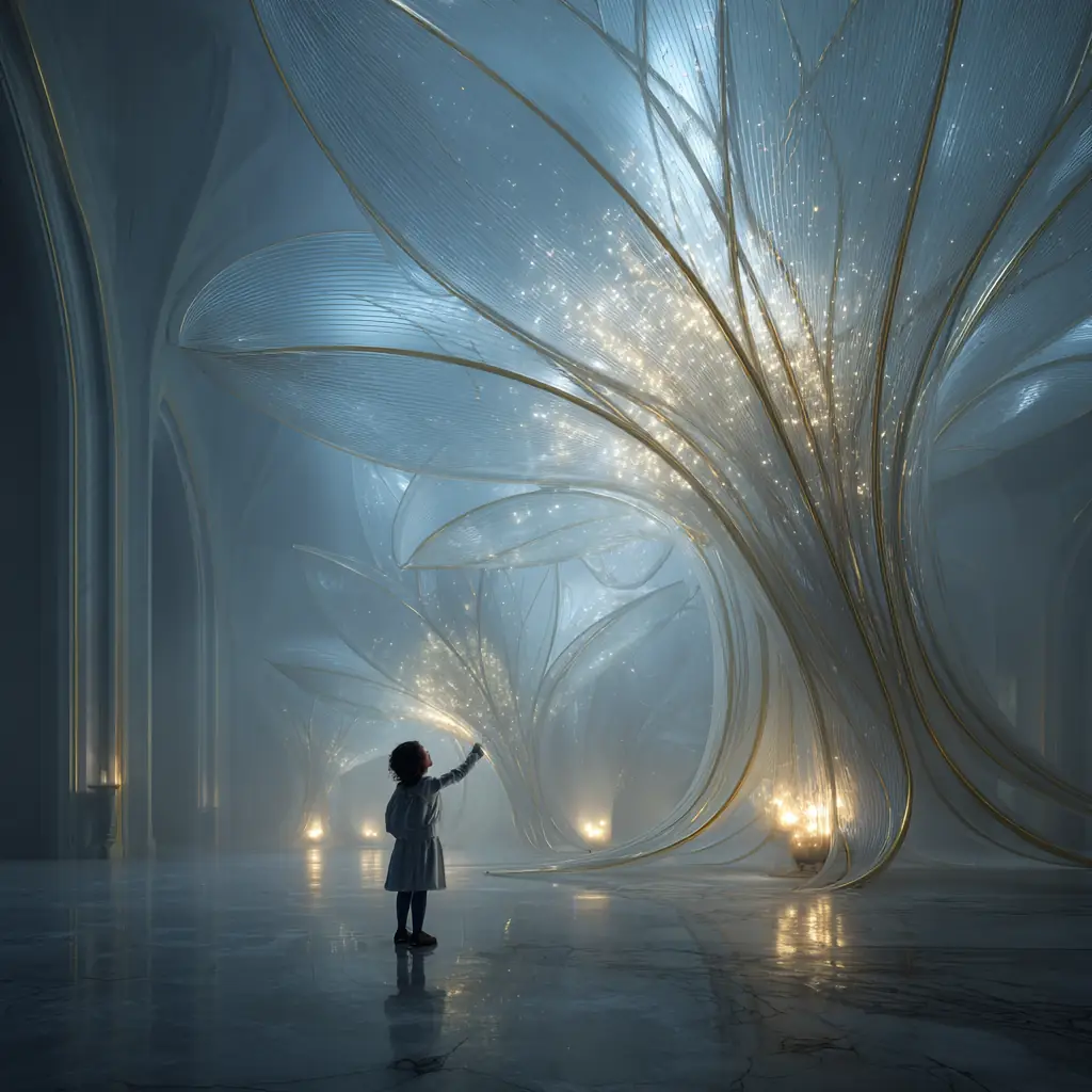 A child reaching out towards a large ethereal transparent flower.