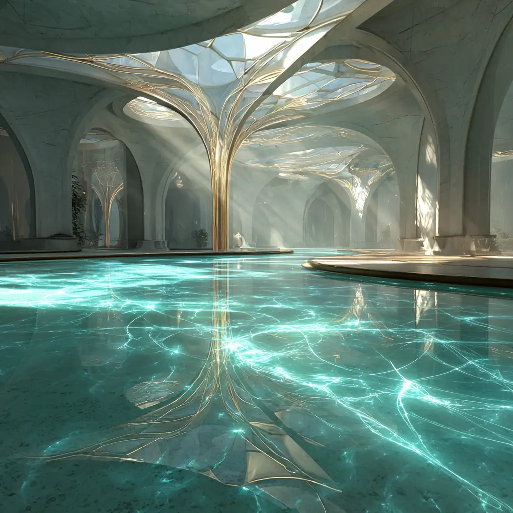 A tranquil indoor pool reflecting light through arched openings and curved architectural forms.