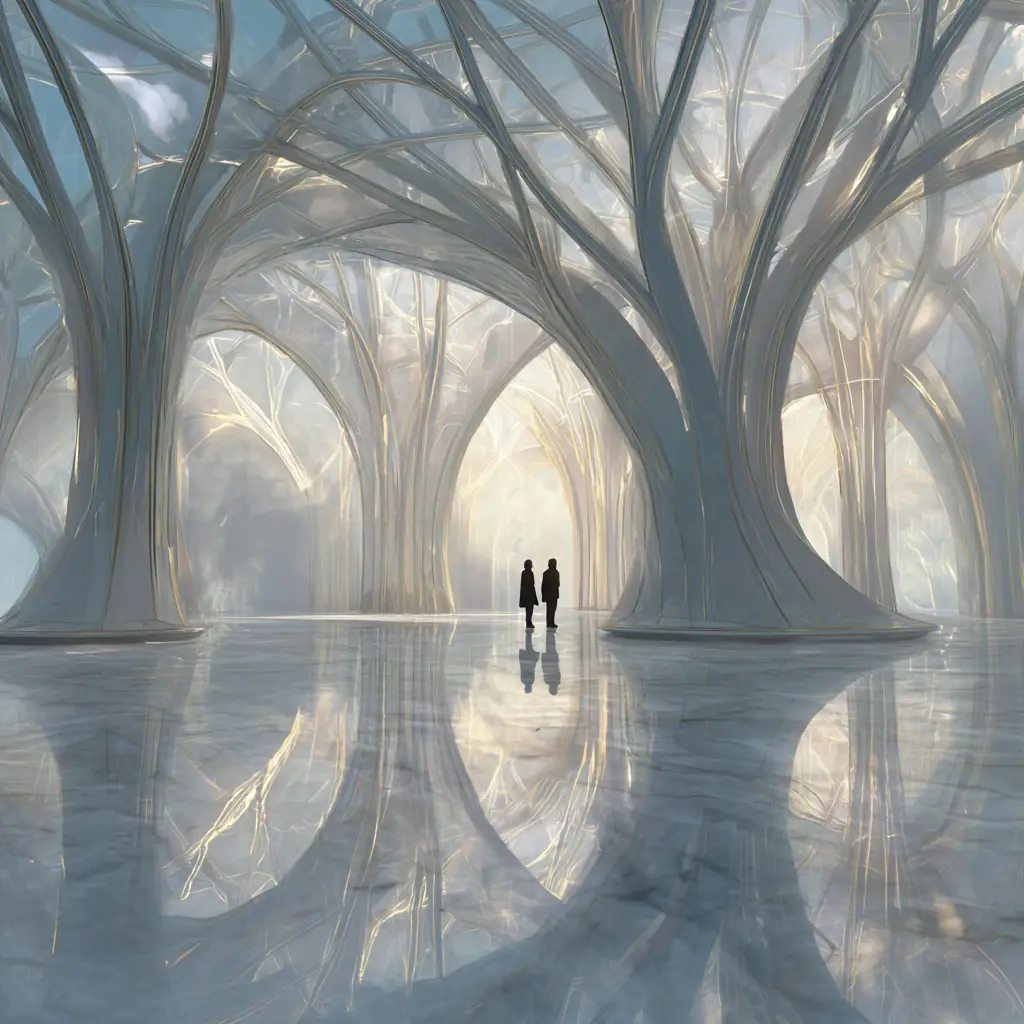 Two people standing beneath tall arching forms that resemble luminous tree trunks.