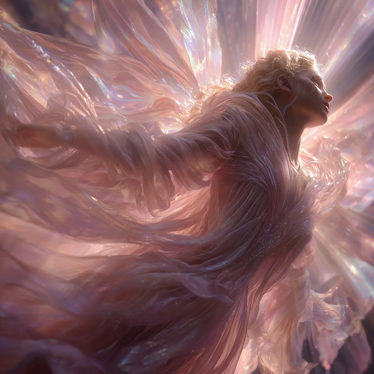 A person enveloped in flowing iridescent fabric illuminated by soft pink and gold light.