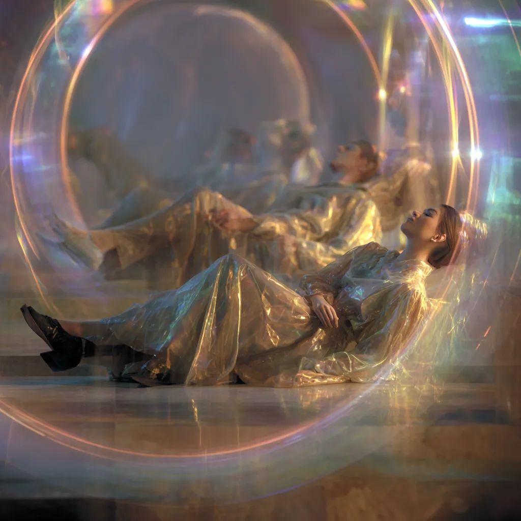 Guests reclining inside shimmering circular structures bathed in warm iridescent light.