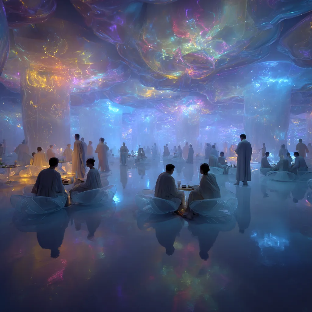 Groups of people seated beneath glowing translucent arches in a luminous chamber.