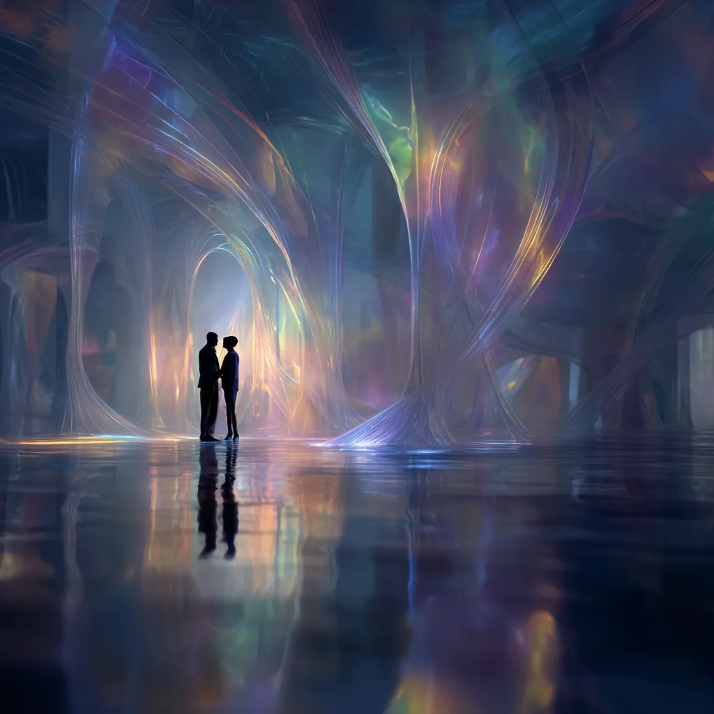 Two figures standing close together in a softly glowing iridescent environment.