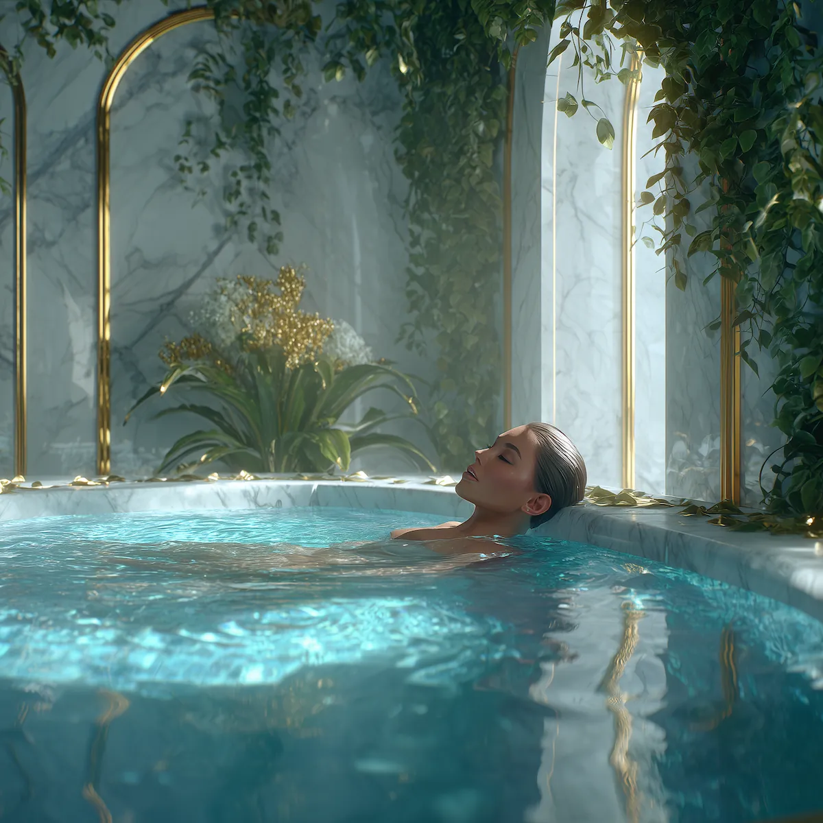 A woman relaxing in a bright marble bath surrounded by green plants and sunlight streaming through tall windows.
