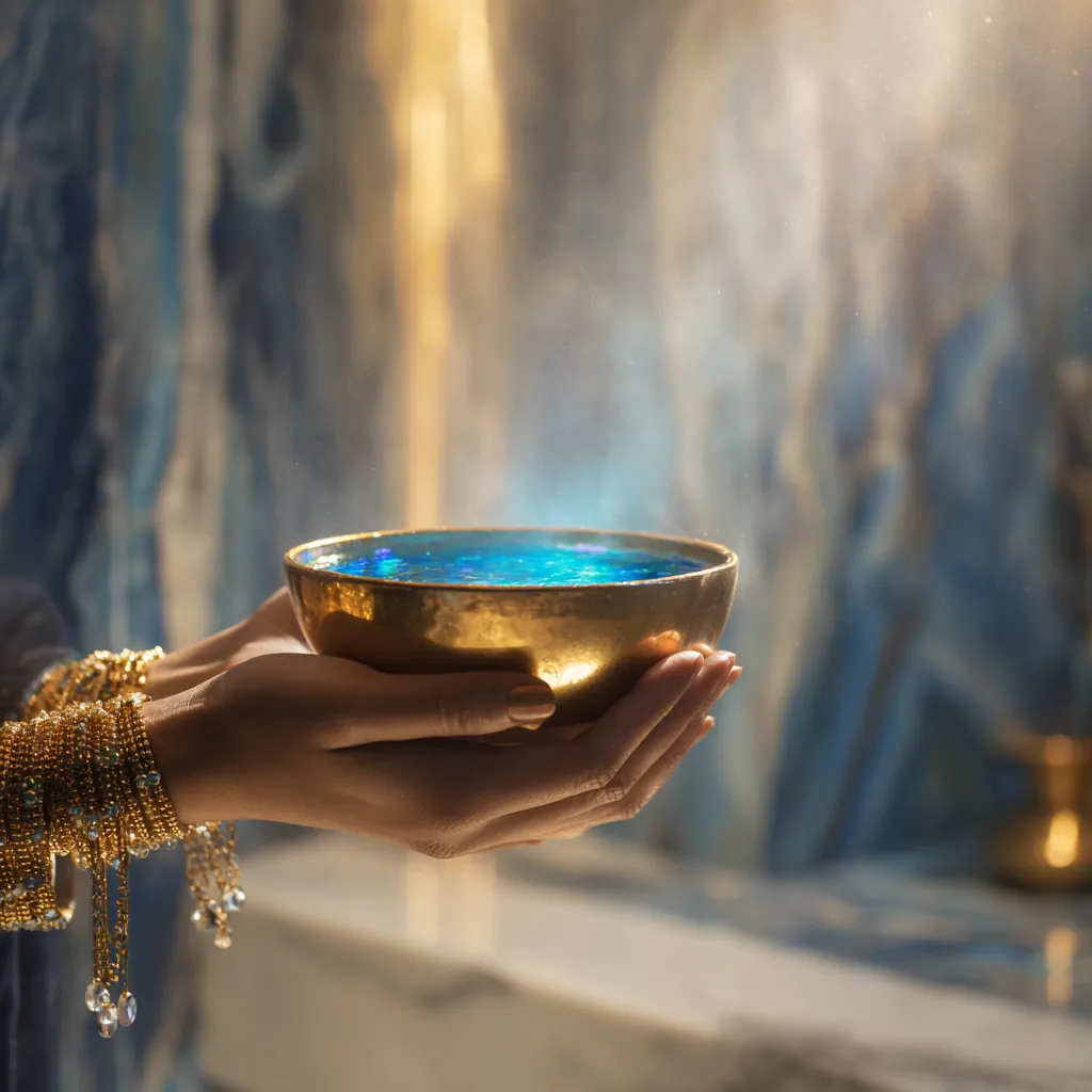Hands holding a gold bowl filled with glowing blue liquid, adorned with jeweled bracelets.
