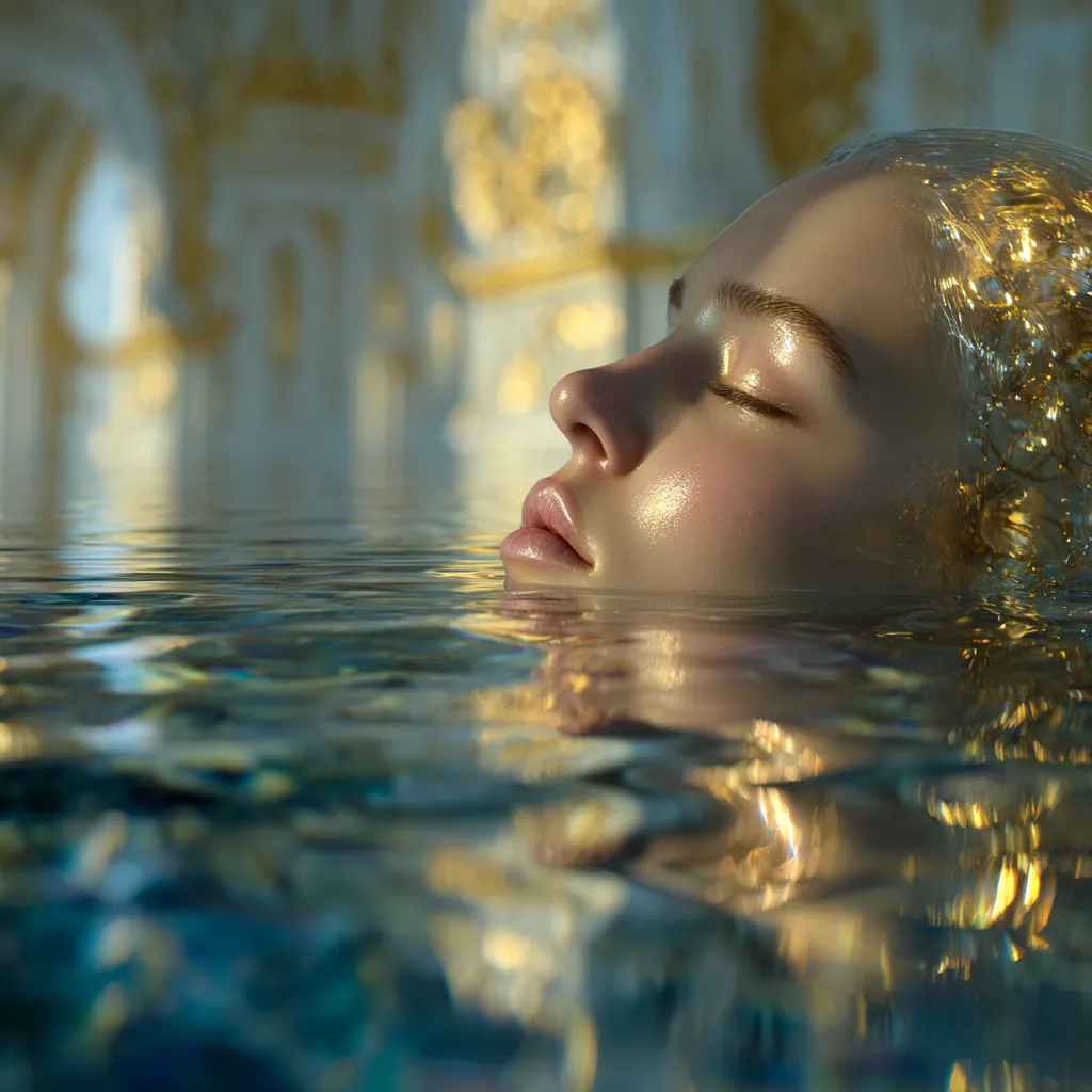 A close-up of a woman's face half-submerged in shimmering blue water reflecting golden light.