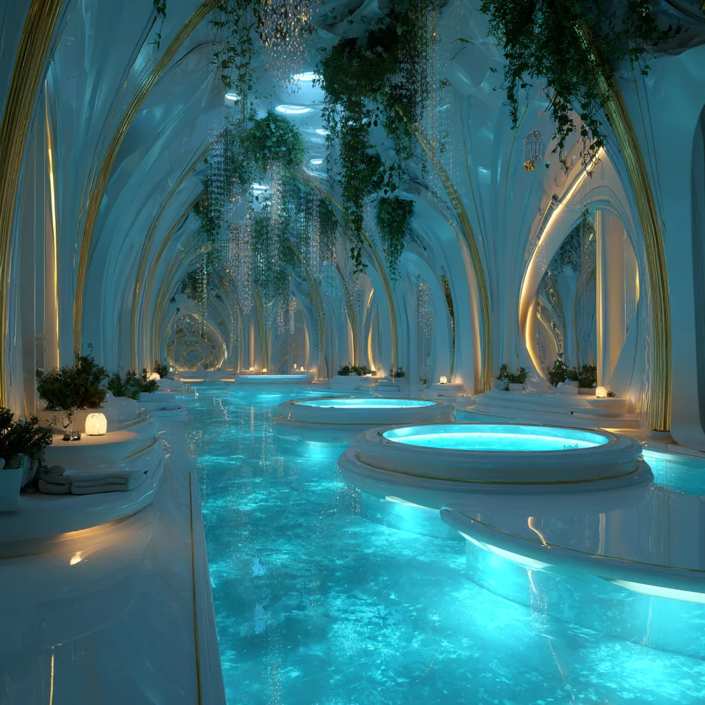 An elegant spa-like hall with multiple glowing turquoise pools beneath arched ceilings and hanging vines.