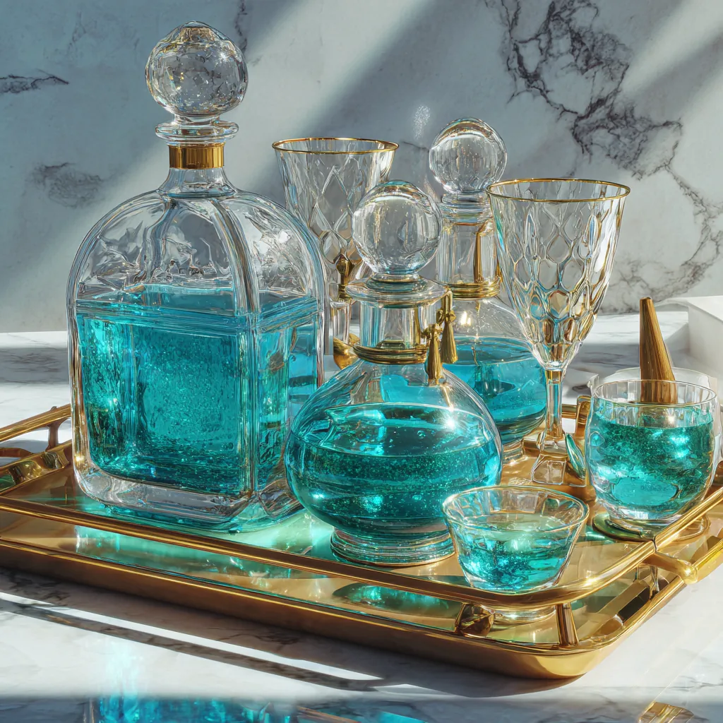 Crystal decanters and glasses filled with blue liquid arranged on a golden tray in soft sunlight.