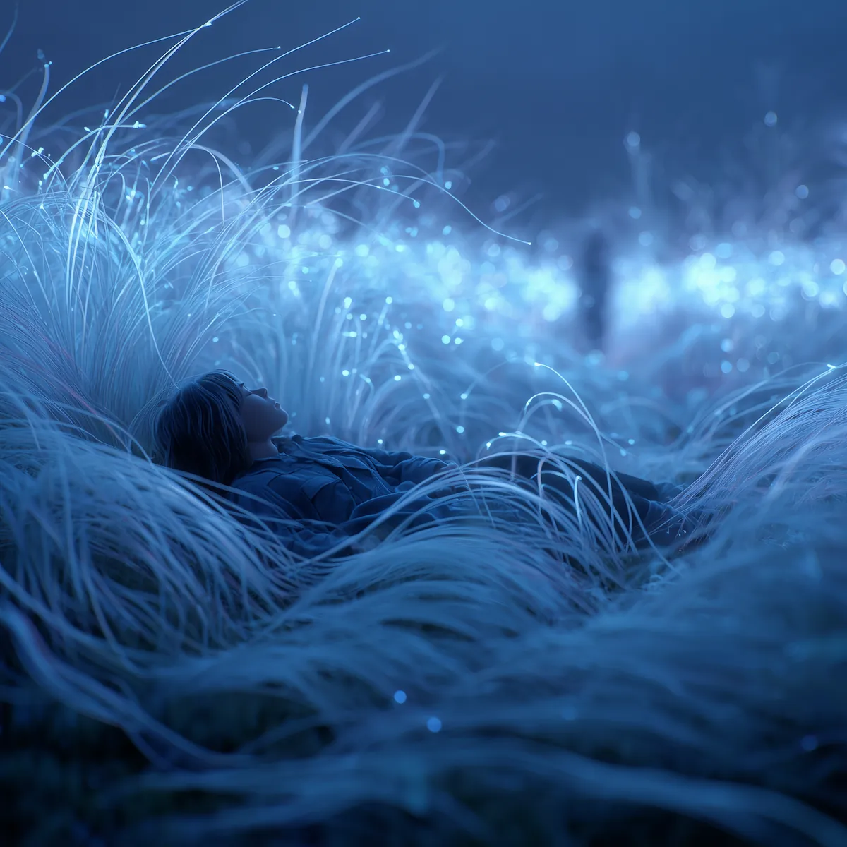 A person lying in a glowing blue field of bioluminescent grass under a night sky.
