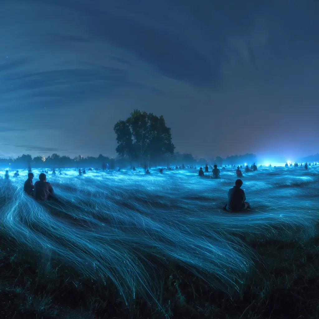 Figures walking through a vast meadow of softly illuminated blue plants beneath distant hills.