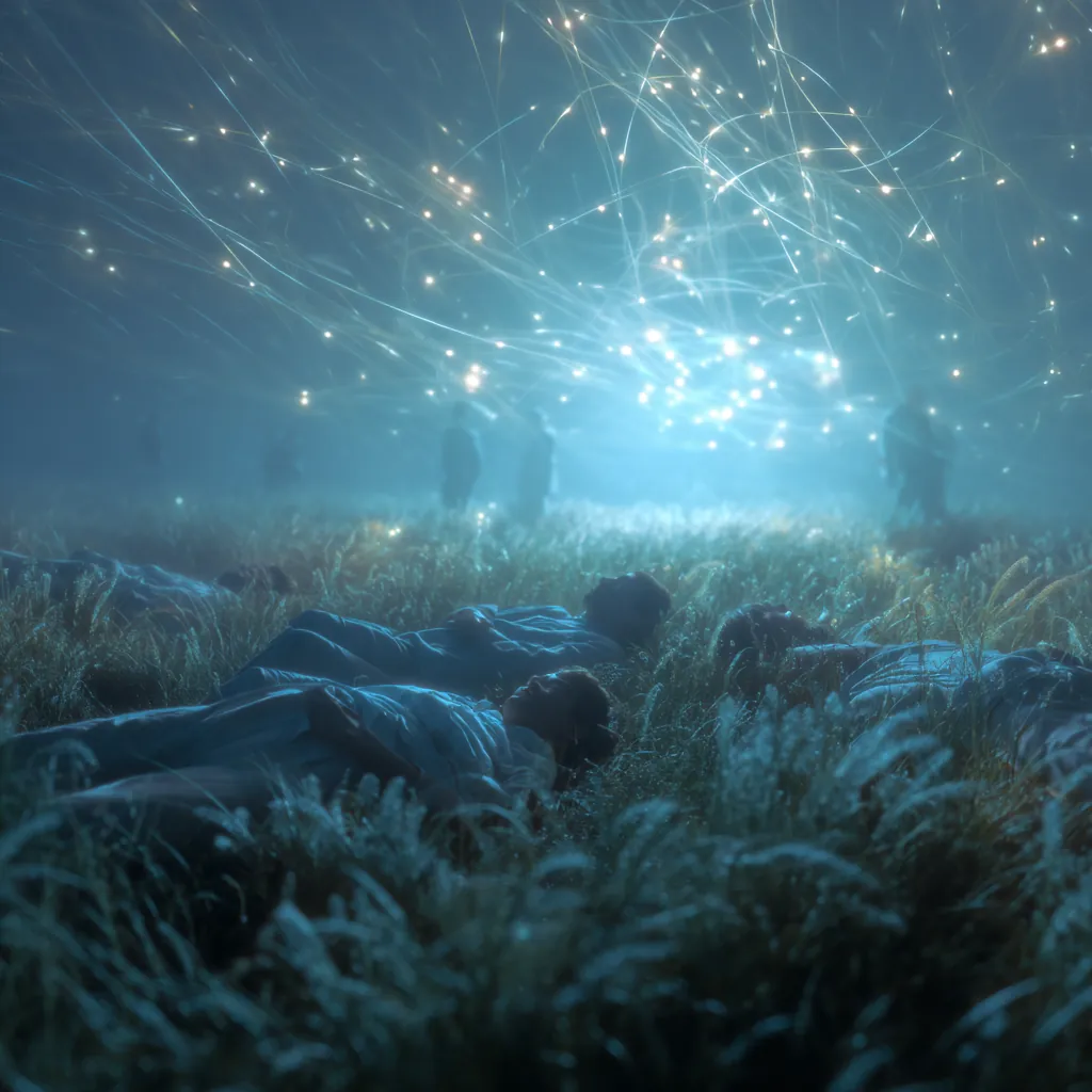 A person reclining in tall bioluminescent grass as soft blue light shimmers around them.