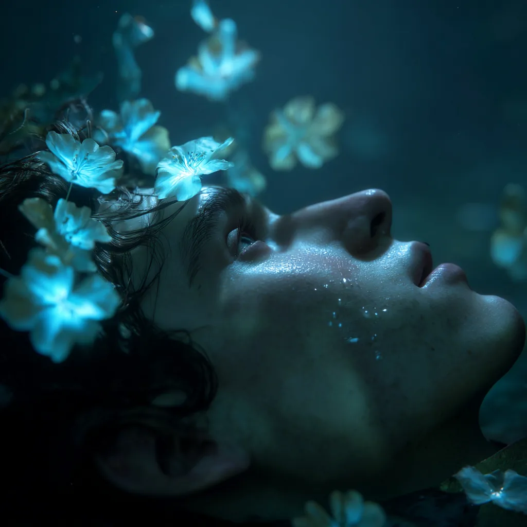 A person’s face surrounded by glowing flowers in a dreamlike blue light.