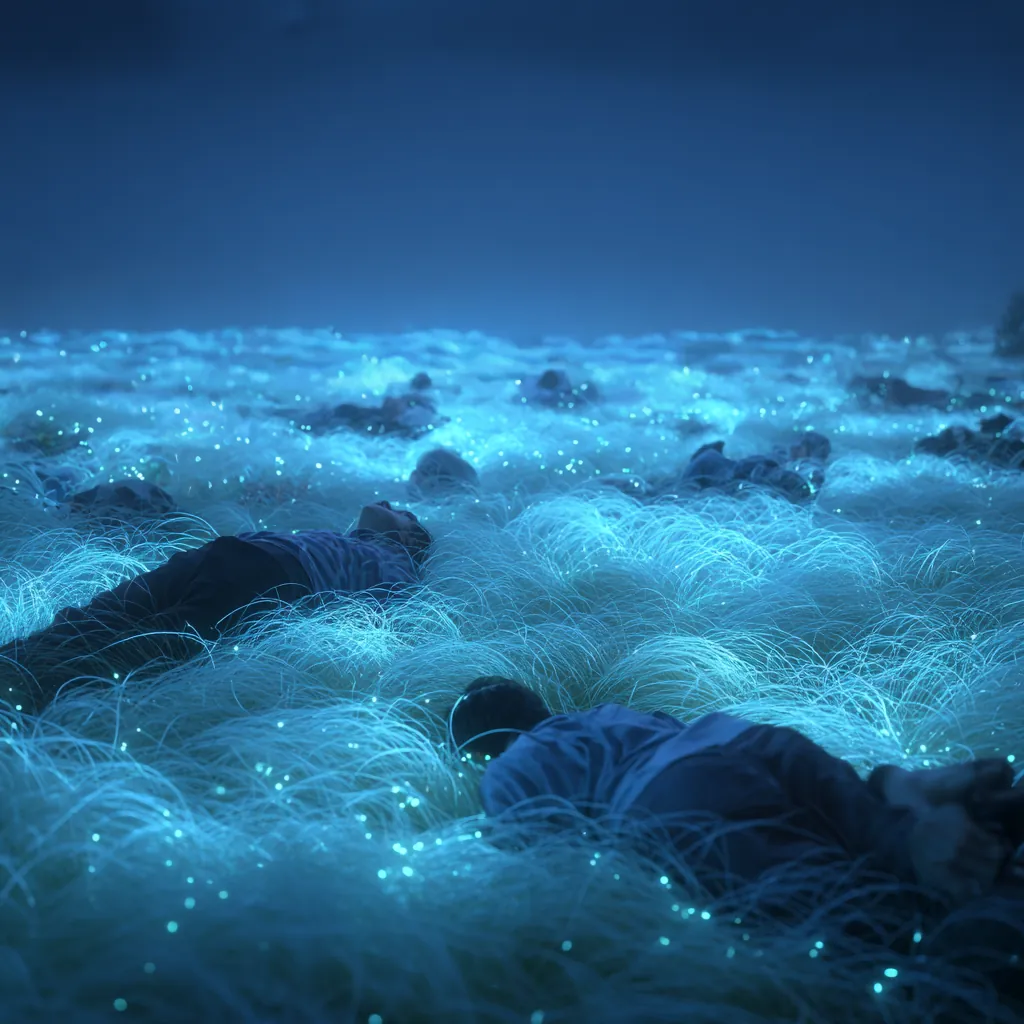 A person lying in a glowing blue field of bioluminescent grass under a night sky.