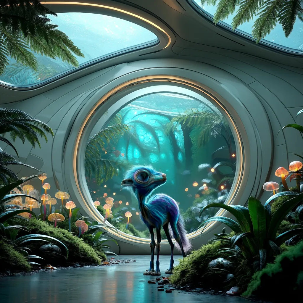 A bioluminescent creature stands inside a futuristic glass sanctuary with lush plants and glowing mushrooms outside a large circular window.