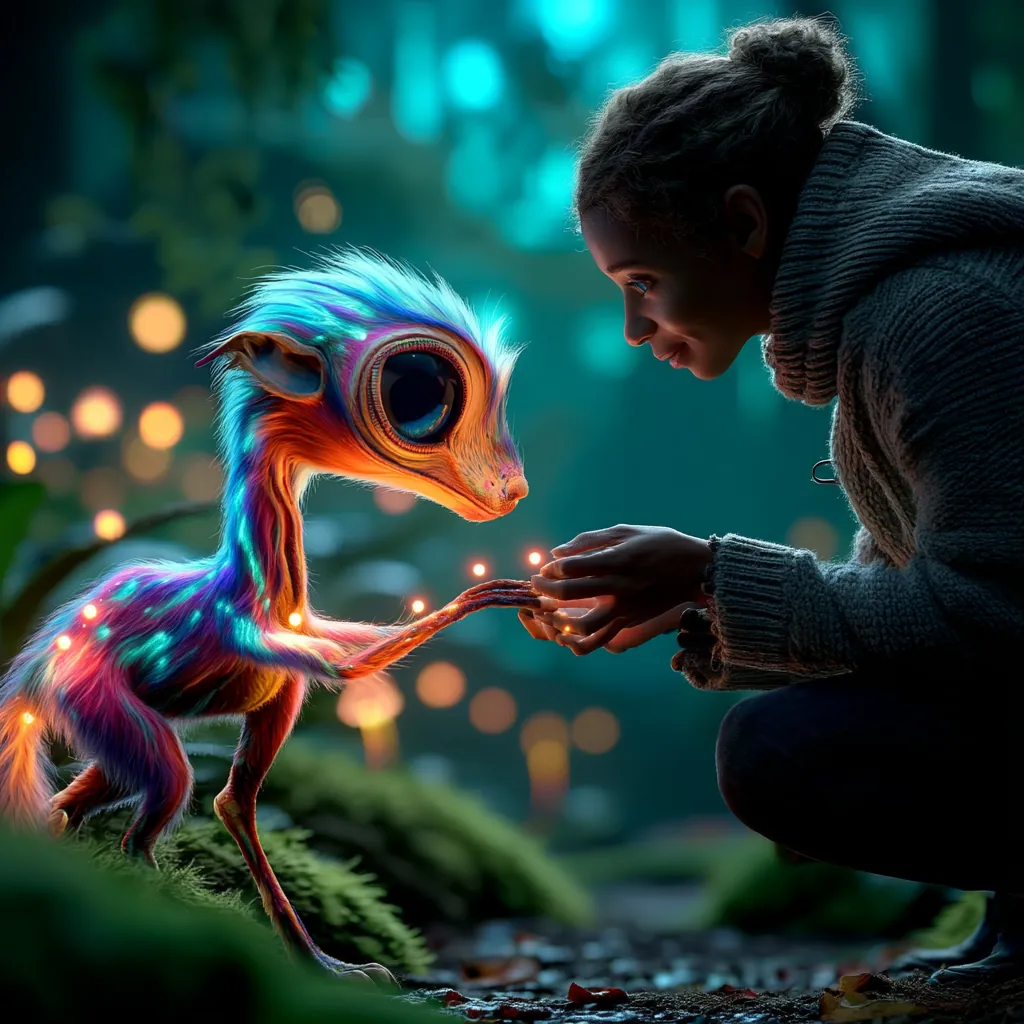 A person crouches in a forest, gently holding hands with a glowing alien creature illuminated by soft blue and orange light.