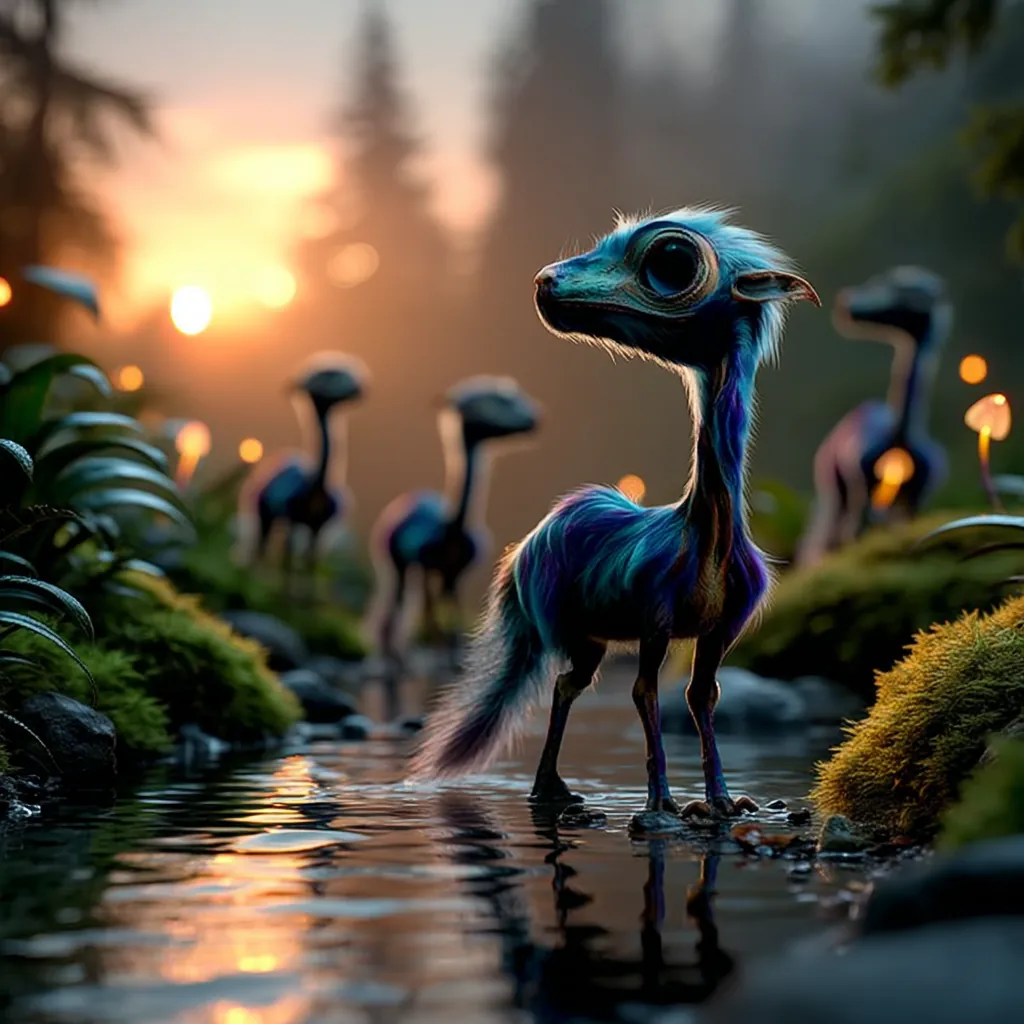A small glowing creature stands in a shallow stream at sunset, with several others in the background among moss and plants.