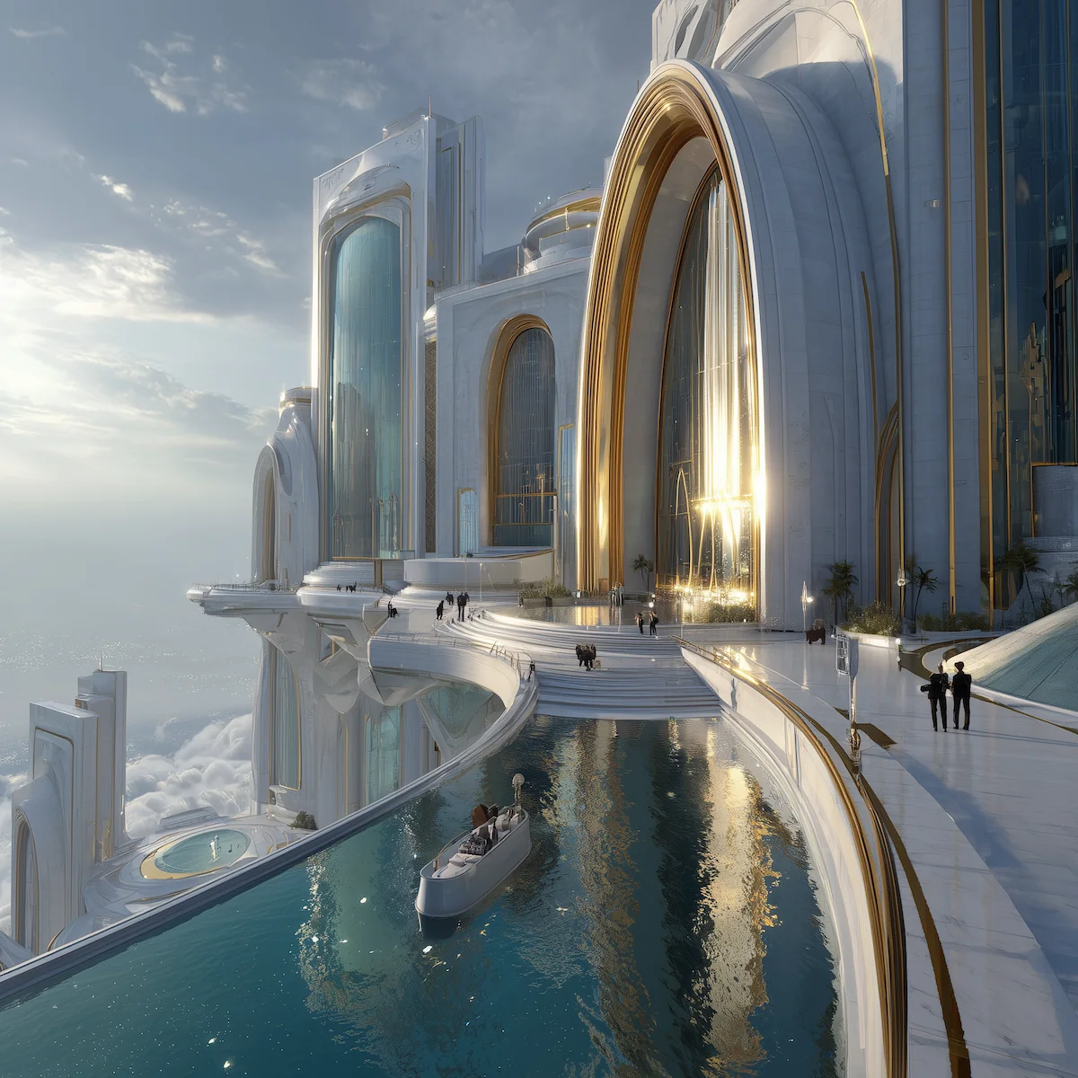 A gleaming white and gold luxury complex with flowing marble terraces and pools suspended above the clouds.
